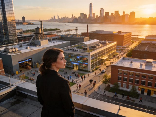 10 Emma Blackwood standing on Brooklyn headquarters rooftop overlooking Phoenix Network campus - revenge romance chapter 10