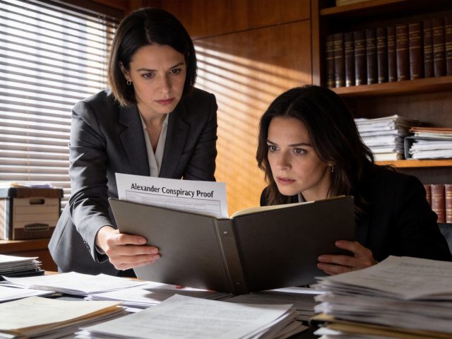 Clara Williams showing Emma Blackwood legal evidence files in law office - revenge romance chapter 5