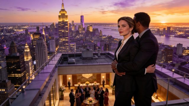 Emma Blackwood CEO standing on Manhattan skyscraper rooftop with Phoenix Network celebration - revenge romance chapter 7