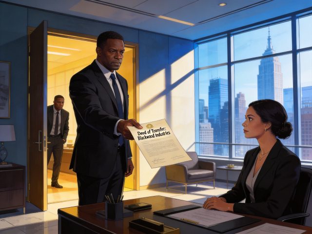 Richard Blackwood returning Blackwood Industries deed to Emma in penthouse office - revenge romance chapter 8