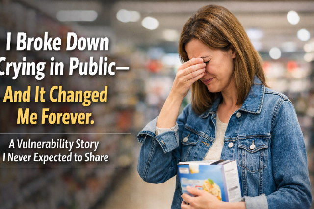 A woman crying in public while standing alone in a grocery store, representing vulnerability and emotional release