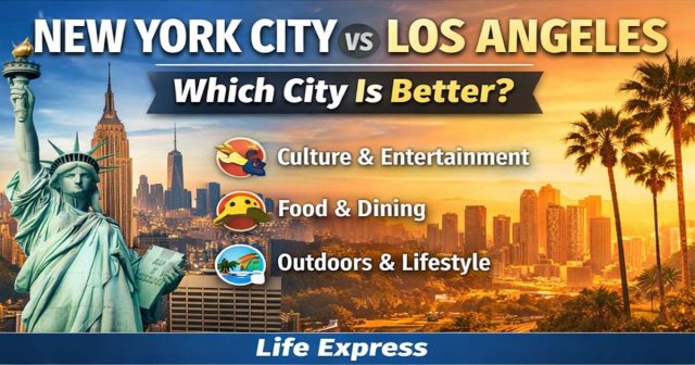 NYC and LA skyline comparison with iconic landmarks at sunset.