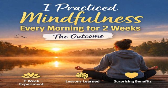 Practiced Mindfulness Morning Routine Woman practicing mindfulness meditation by the lake at sunrise.