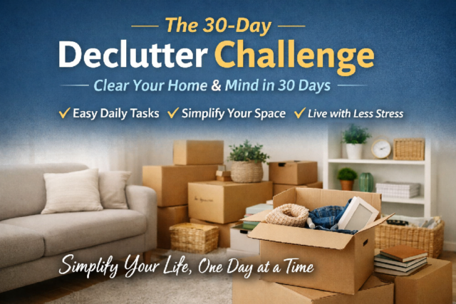 Minimalist living room with boxes and neatly organized items during a 30-day declutter challenge