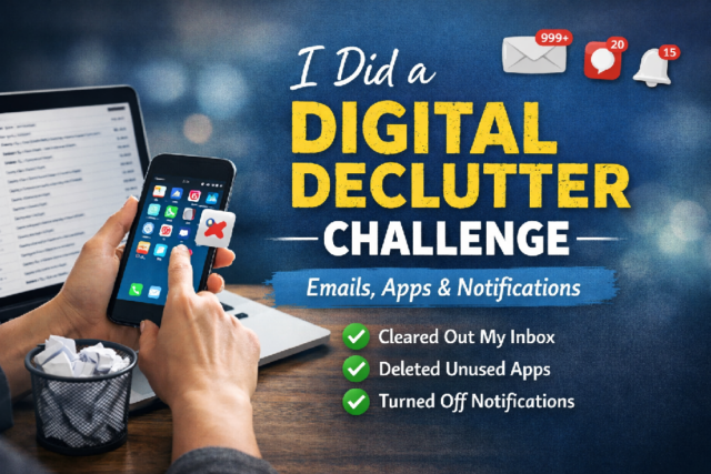 Person doing a digital declutter challenge by clearing emails, deleting apps, and turning off phone notifications